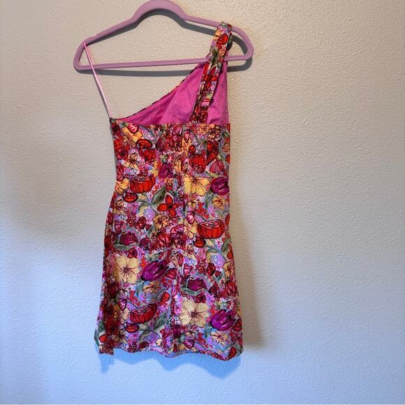 Dress Forum Revolve Pink Floral One Shoulder Wrap Dress Womens S Mini Beachy - Picture 5 of 12